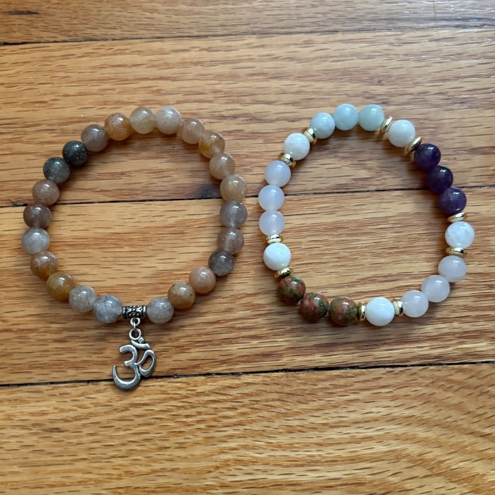 Set of 2 Natural Stone Stretch Bracelets Om Charm Sunstone Amethyst Unakite Boho